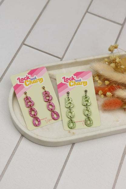 Pink and Green Sparkly BOO Acrylic Halloween Earrings