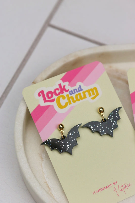 Black Sparkly Acrylic Bat Halloween Earrings