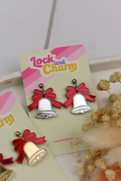 Red Ribbon Bell Acrylic Christmas Earrings