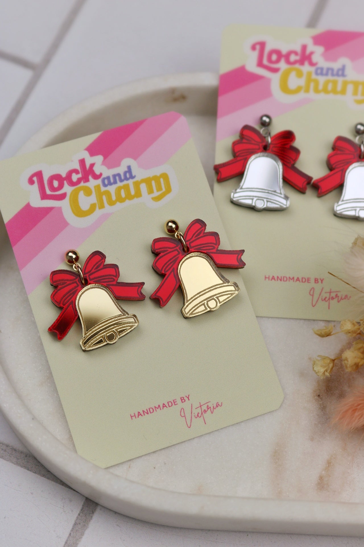 Red Ribbon Bell Acrylic Christmas Earrings