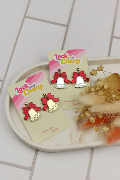 Red Ribbon Bell Acrylic Christmas Earrings
