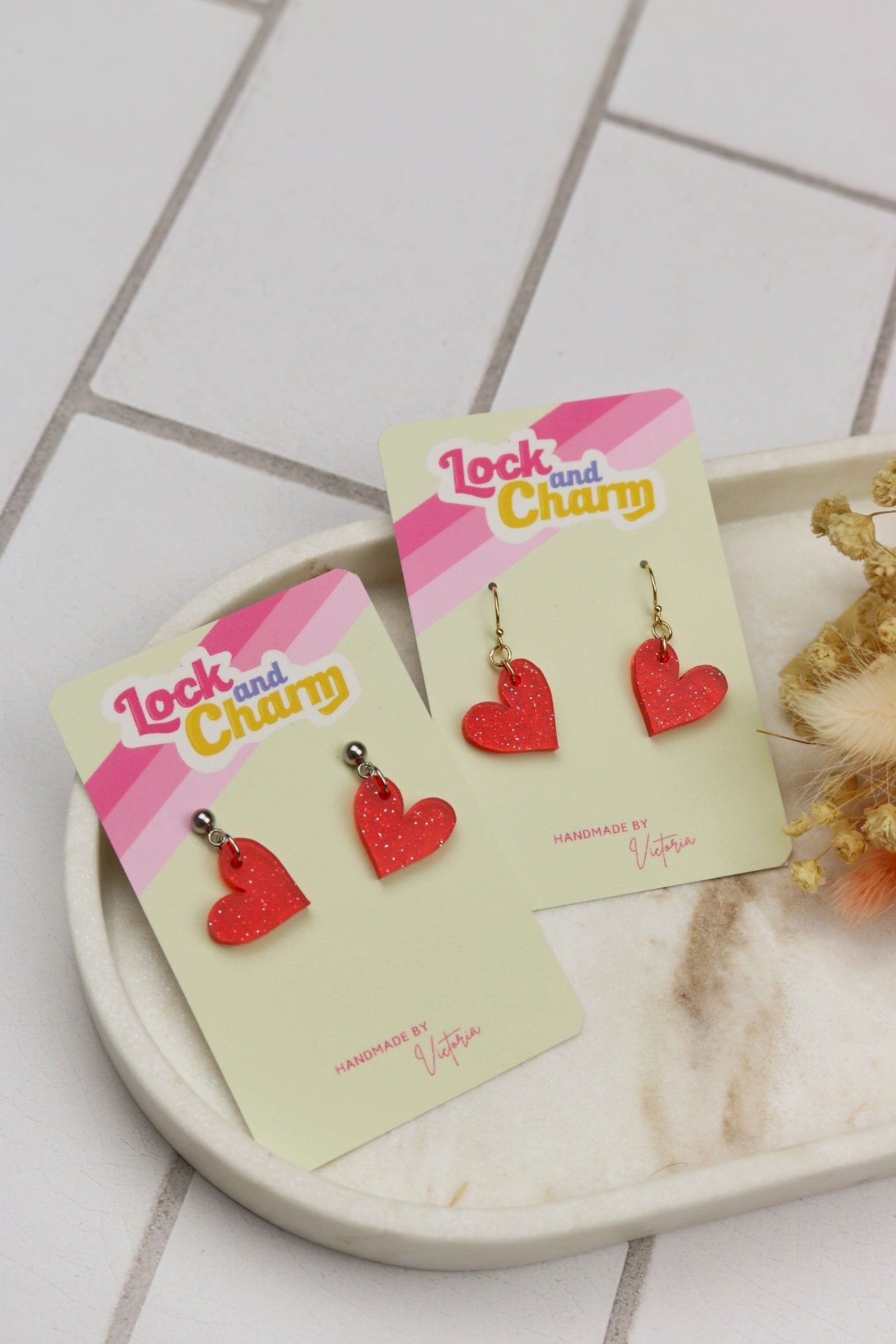 Red Sparkly Basic Heart Acrylic Earrings