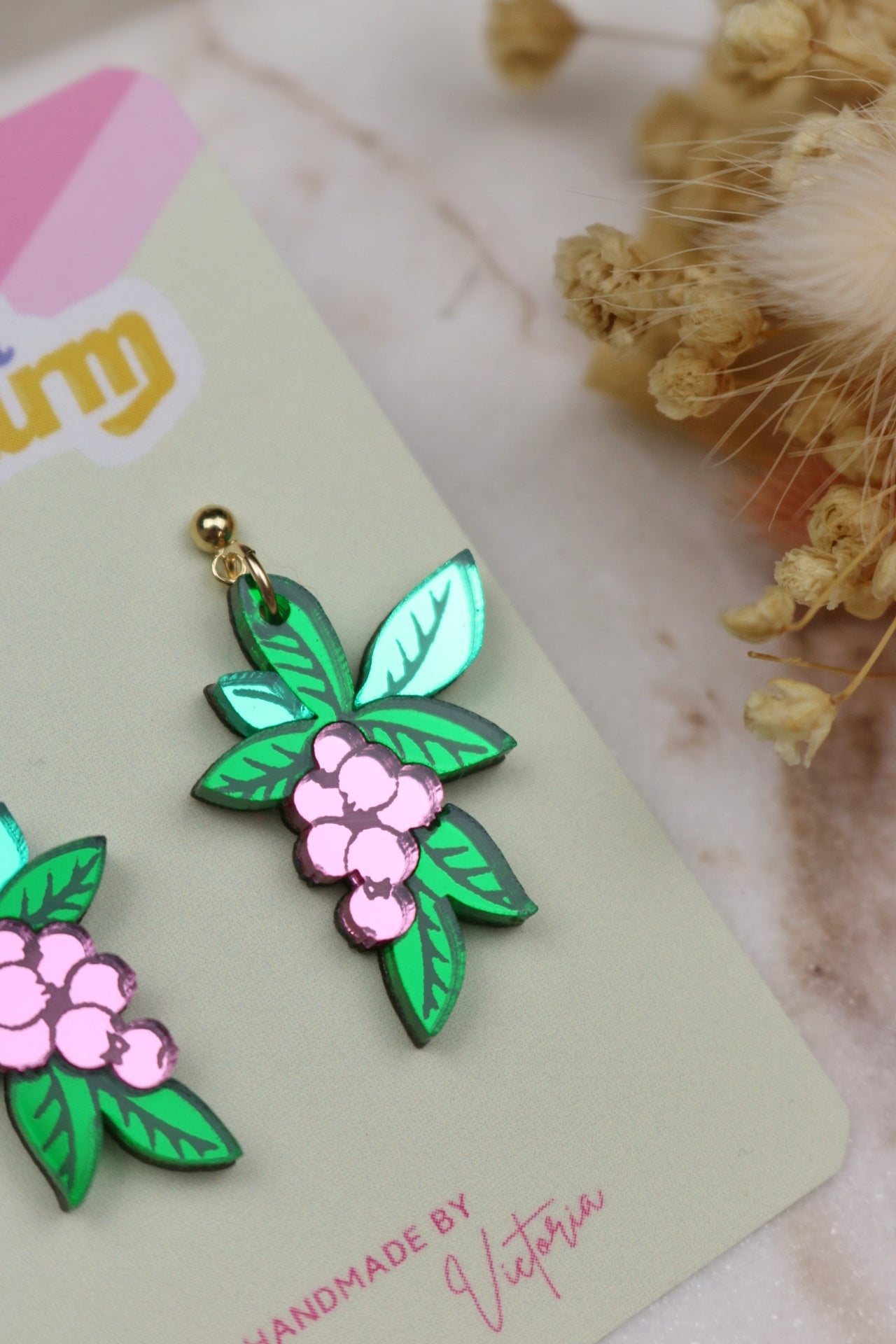 Green and Pink Mirrored Acrylic Leaf Berry Earrings