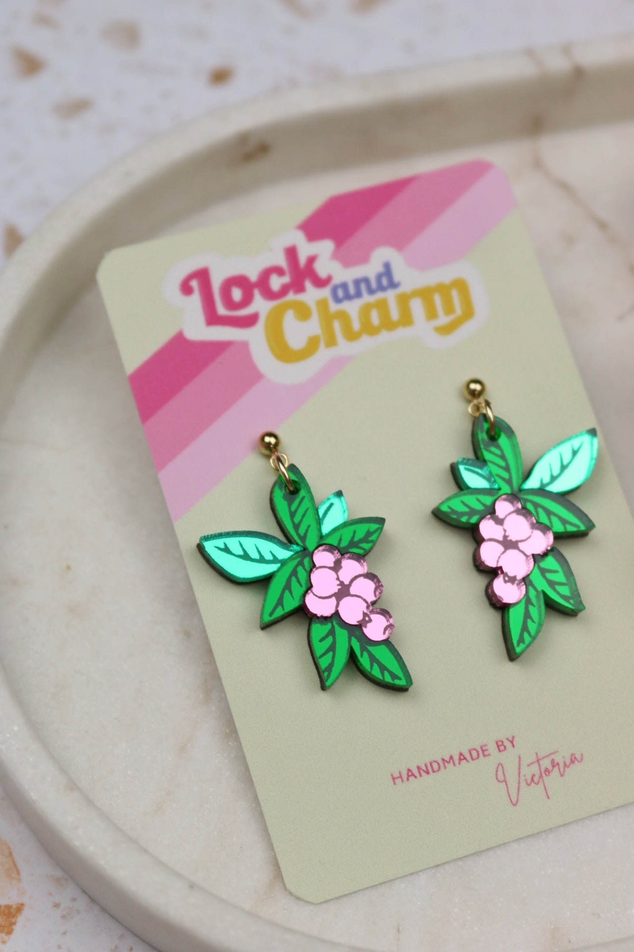 Green and Pink Mirrored Acrylic Leaf Berry Earrings