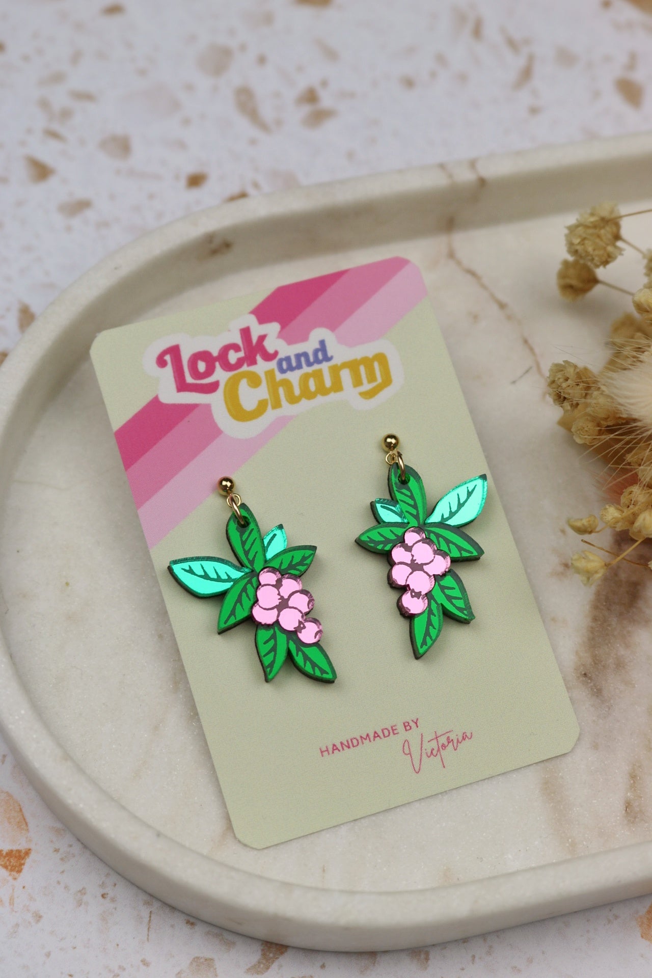 Green and Pink Mirrored Acrylic Leaf Berry Earrings