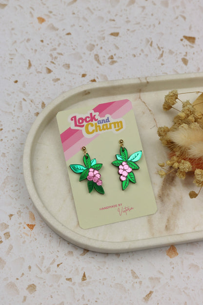 Green and Pink Mirrored Acrylic Leaf Berry Earrings