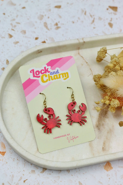 Marbled Red Lobster and Crab Acrylic Earrings