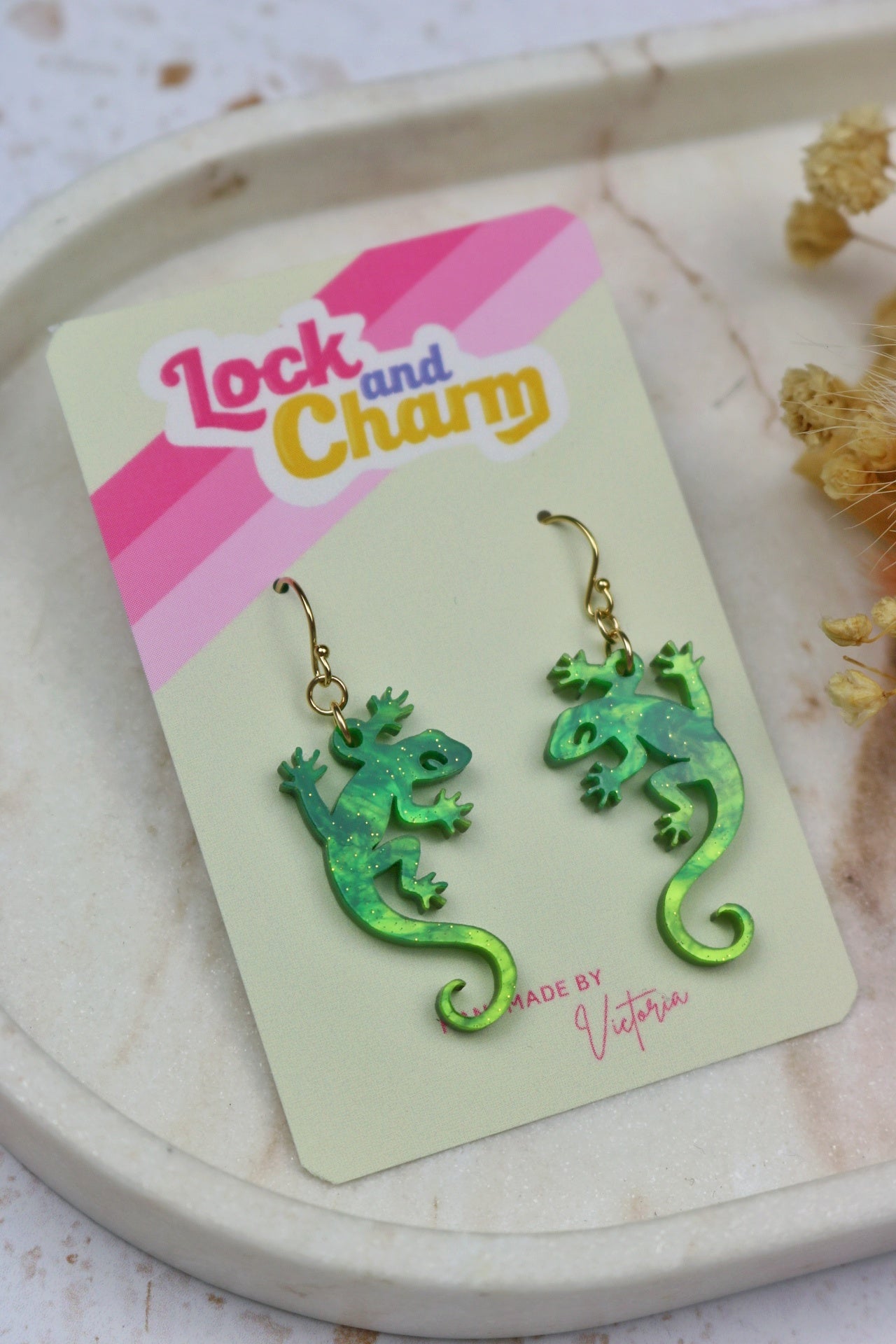 Marbled Green Acrylic Lizard Earrings