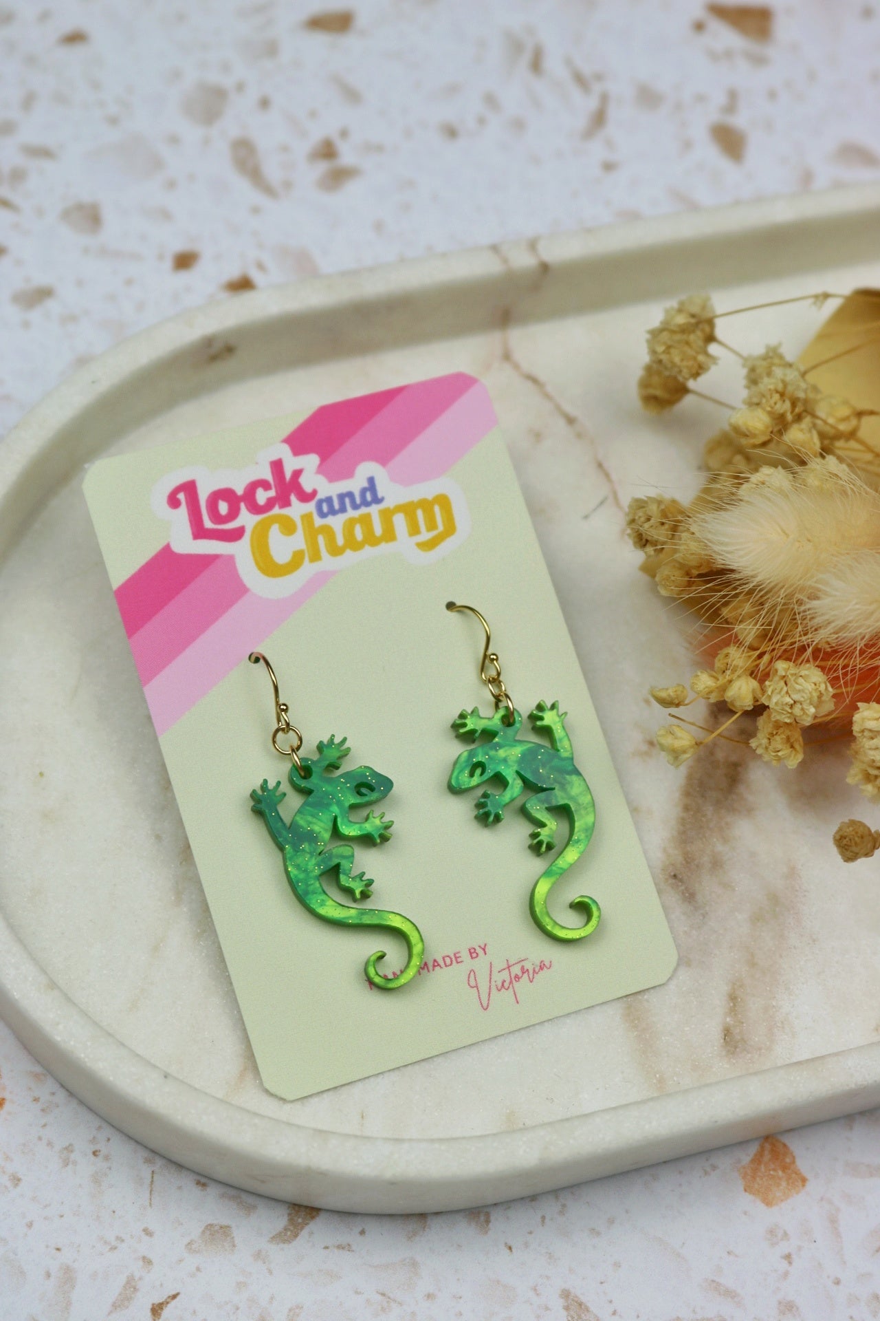Marbled Green Acrylic Lizard Earrings