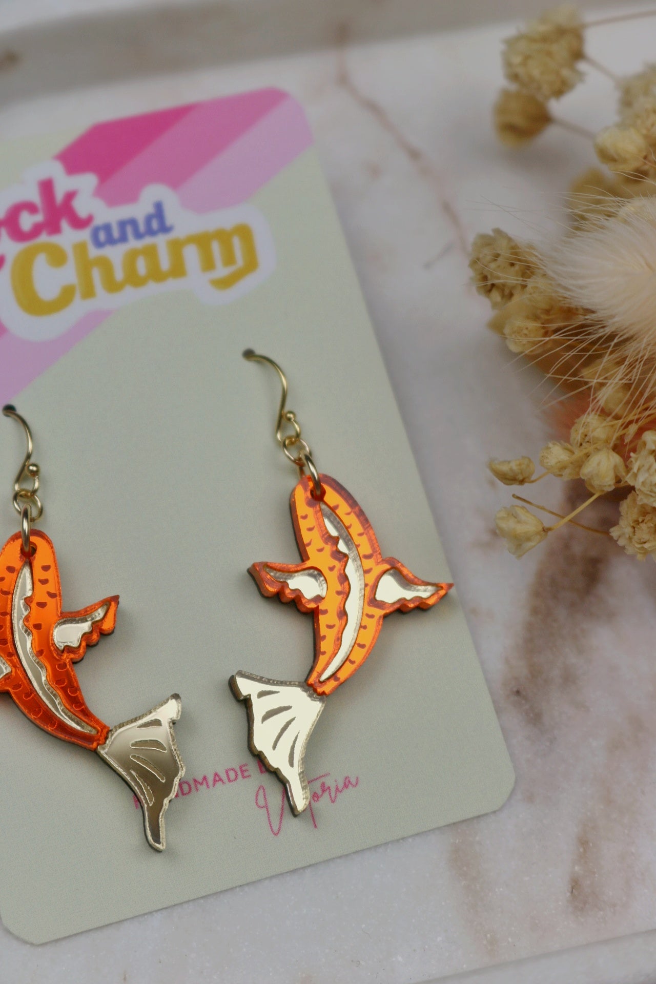 Orange and Gold Mirrored Acrylic Koi Fish Earrings