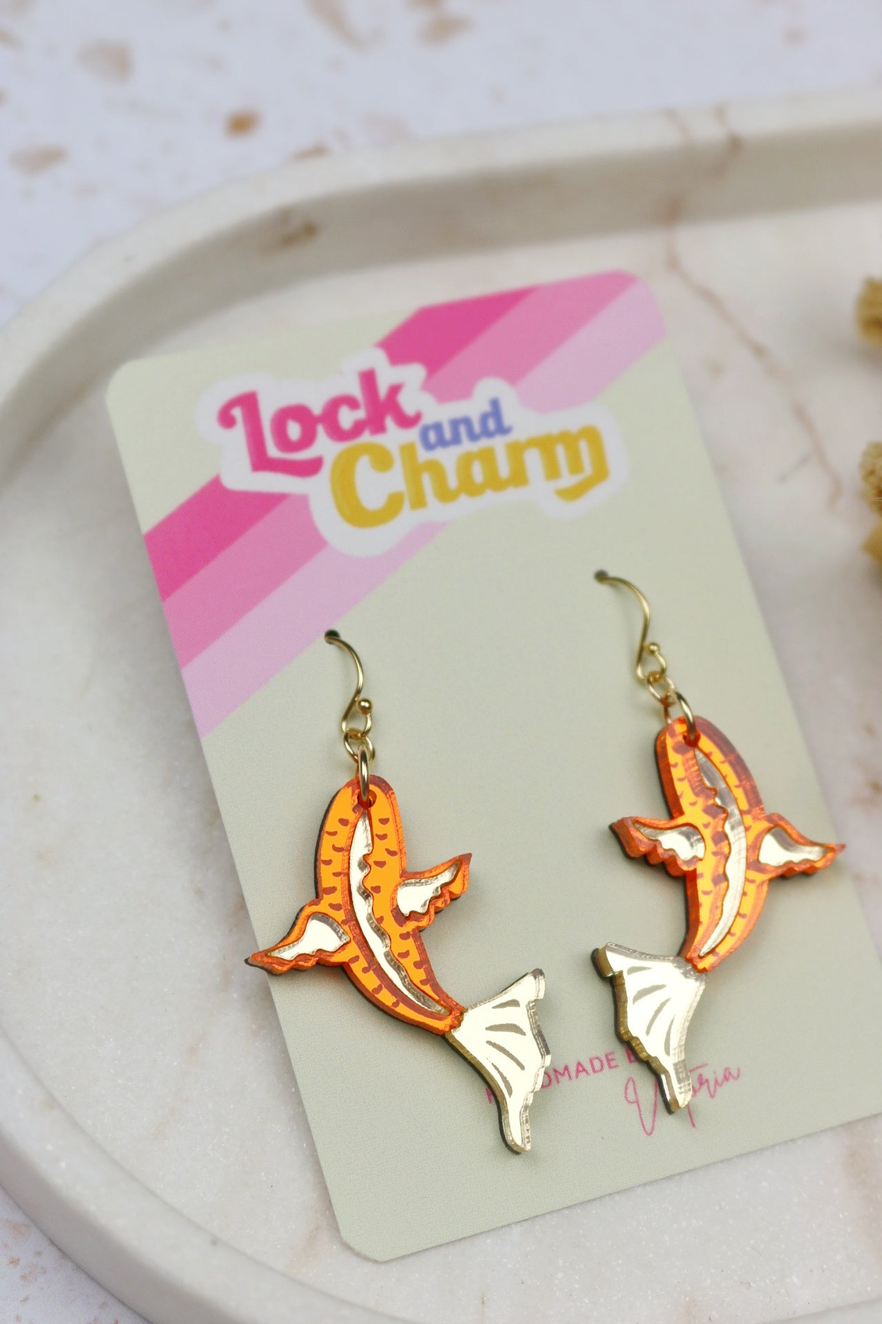 Orange and Gold Mirrored Acrylic Koi Fish Earrings