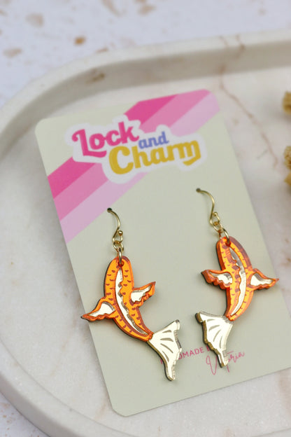 Orange and Gold Mirrored Acrylic Koi Fish Earrings
