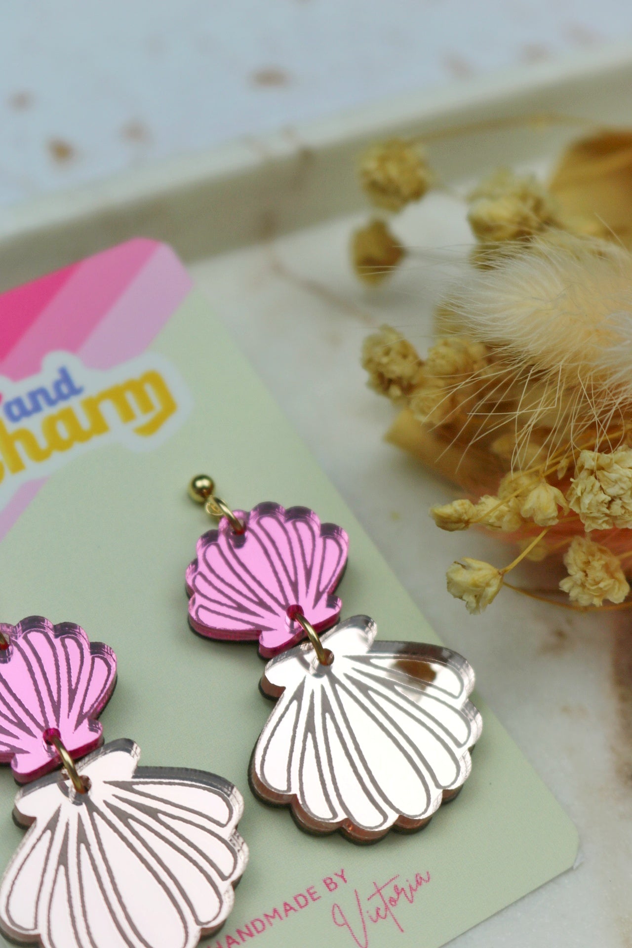 Two Tier Pink and Rose Gold Mirrored Acrylic Shell Earrings