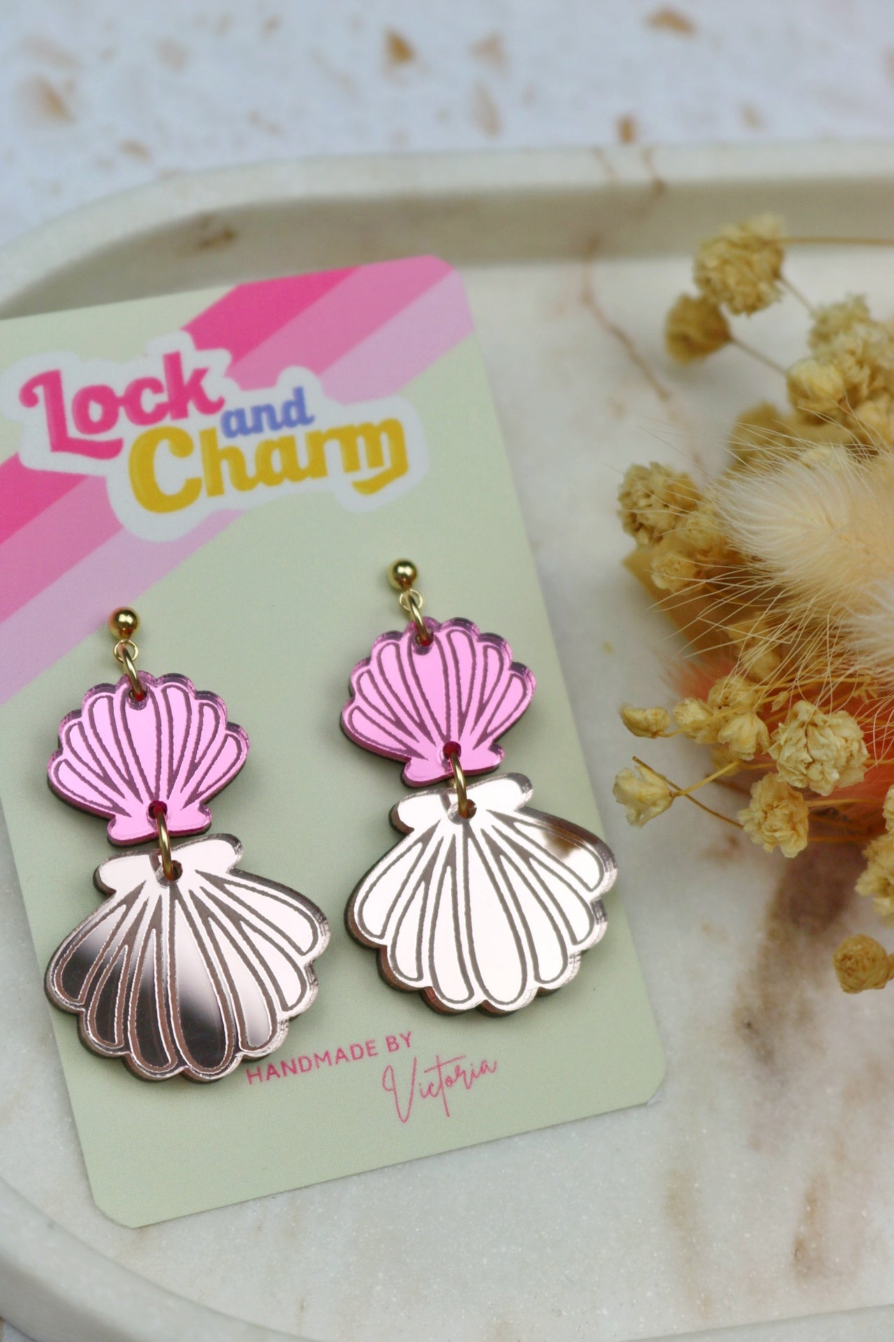 Two Tier Pink and Rose Gold Mirrored Acrylic Shell Earrings