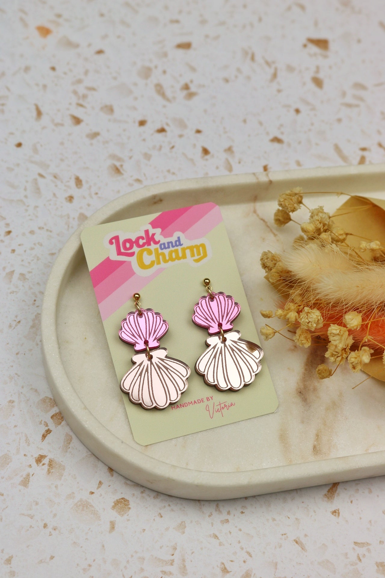 Two Tier Pink and Rose Gold Mirrored Acrylic Shell Earrings