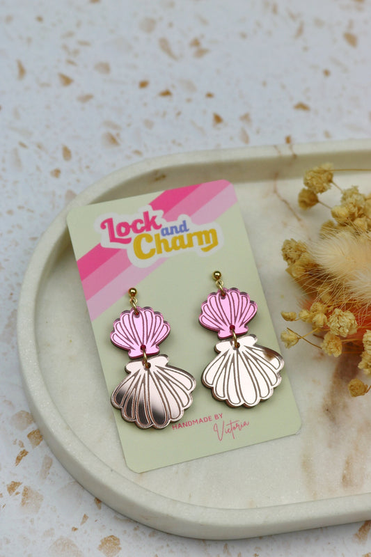 Two Tier Pink and Rose Gold Mirrored Acrylic Shell Earrings