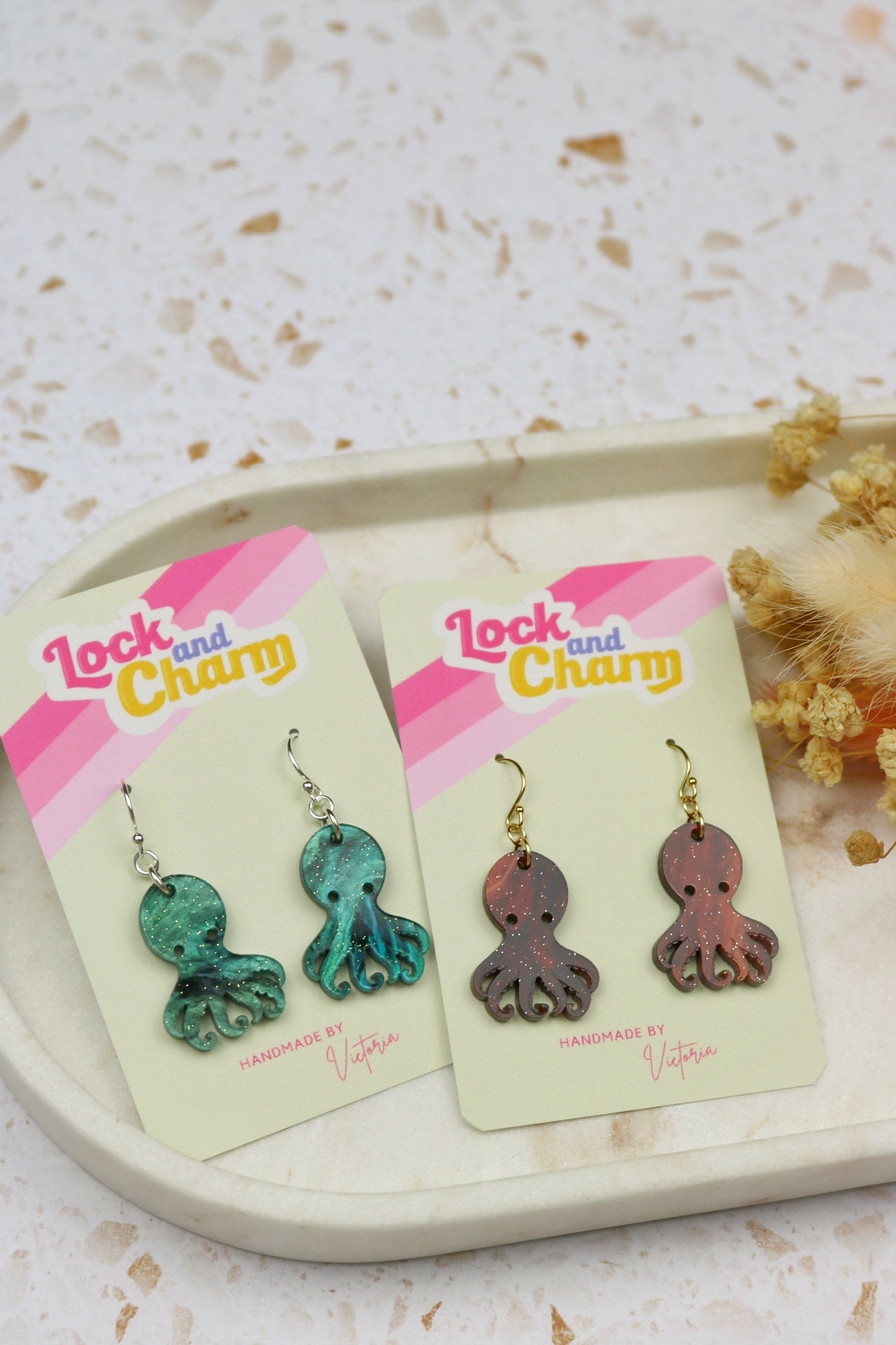 Brown and Blue Marbled Octopus Acrylic Earrings