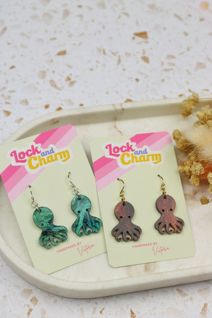 Brown and Blue Marbled Octopus Acrylic Earrings
