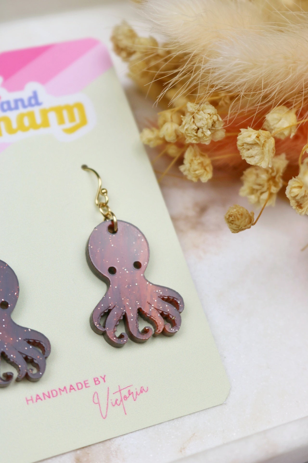 Brown and Blue Marbled Octopus Acrylic Earrings
