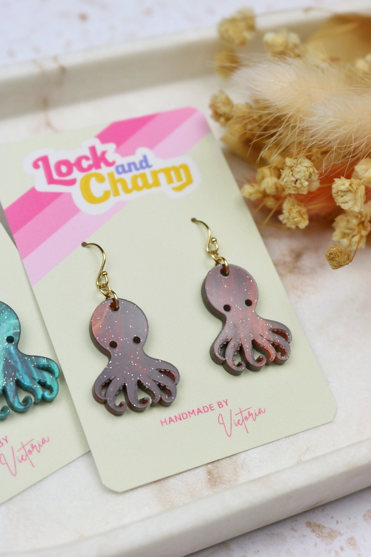 Brown and Blue Marbled Octopus Acrylic Earrings