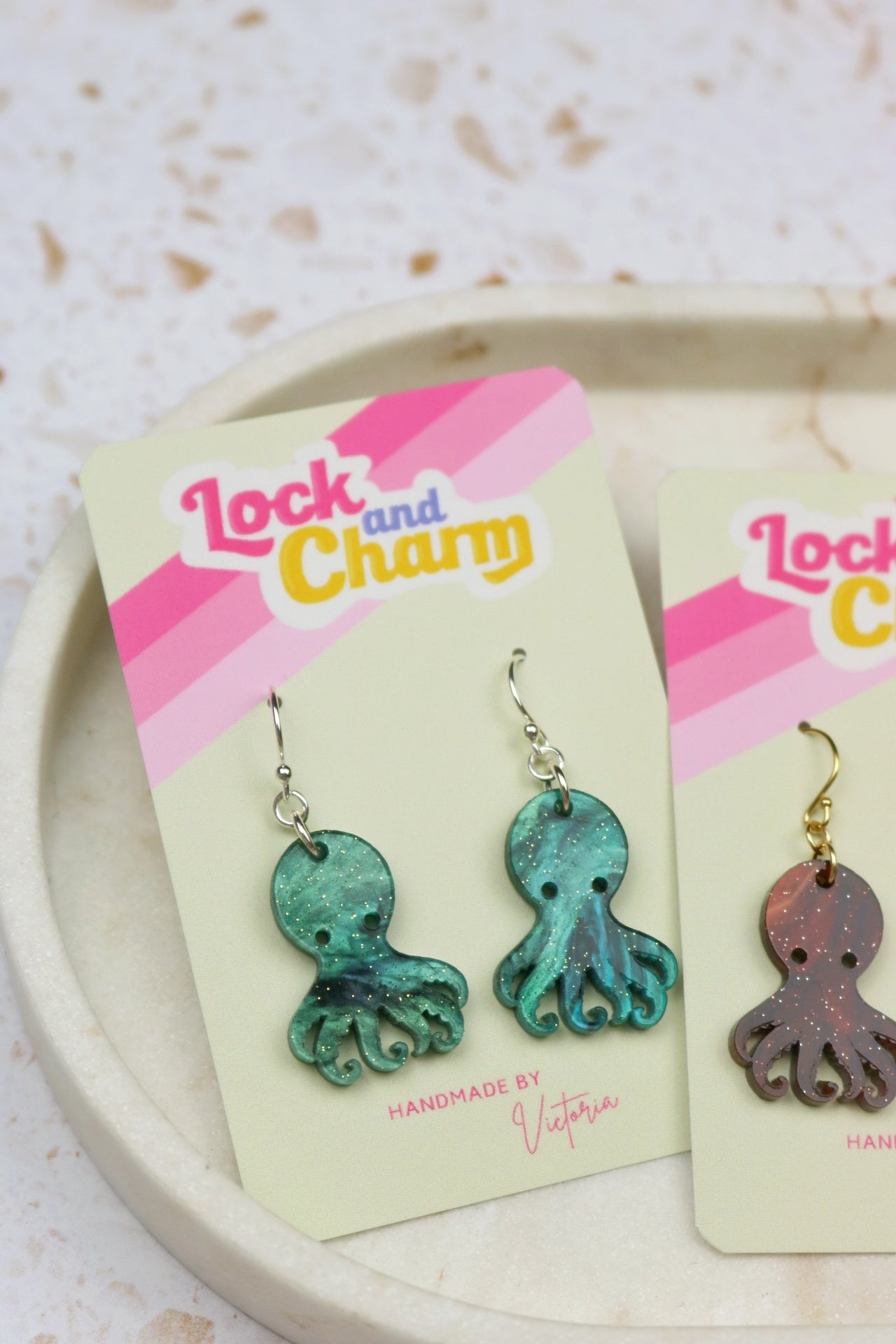 Brown and Blue Marbled Octopus Acrylic Earrings