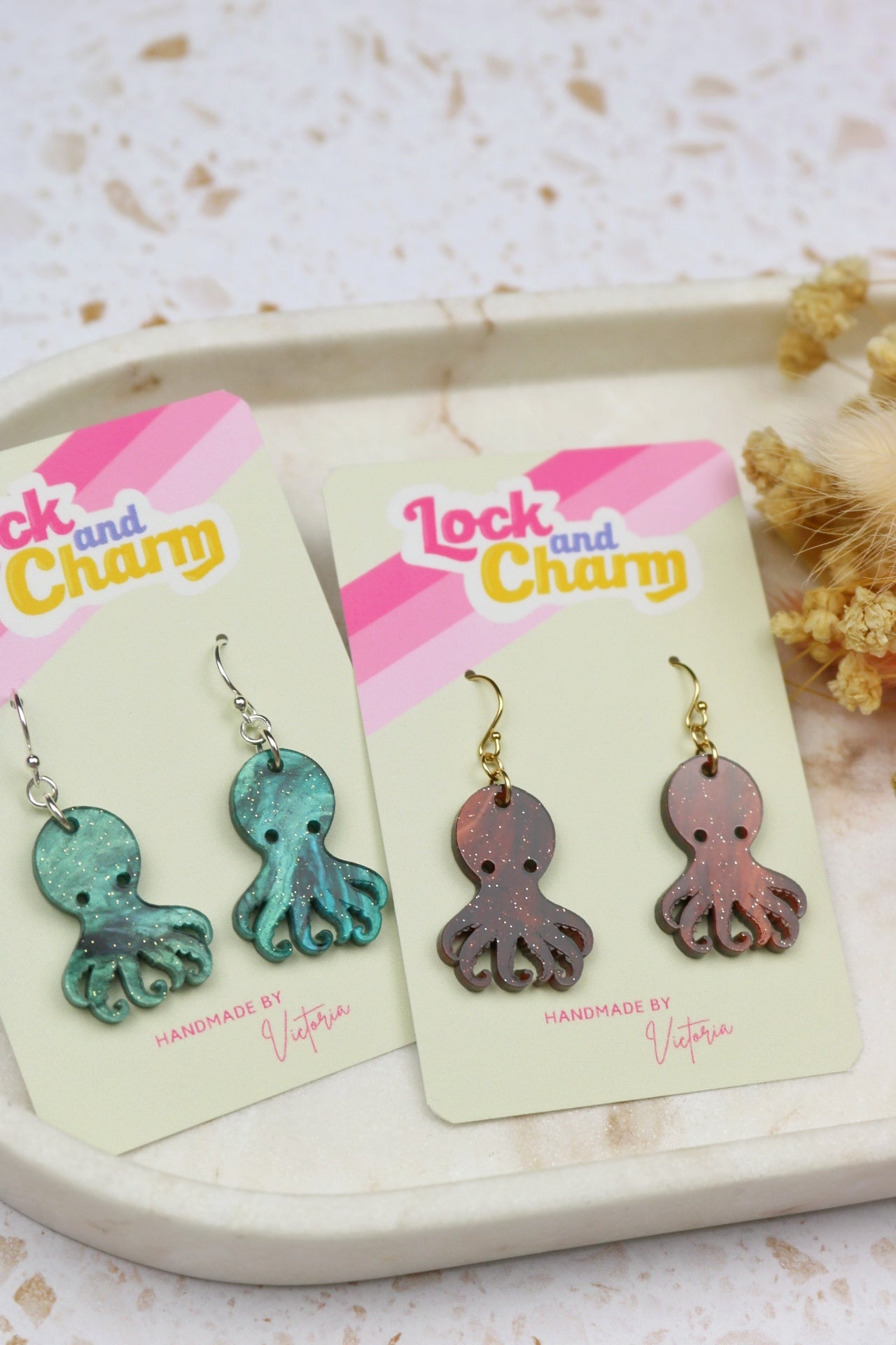 Brown and Blue Marbled Octopus Acrylic Earrings