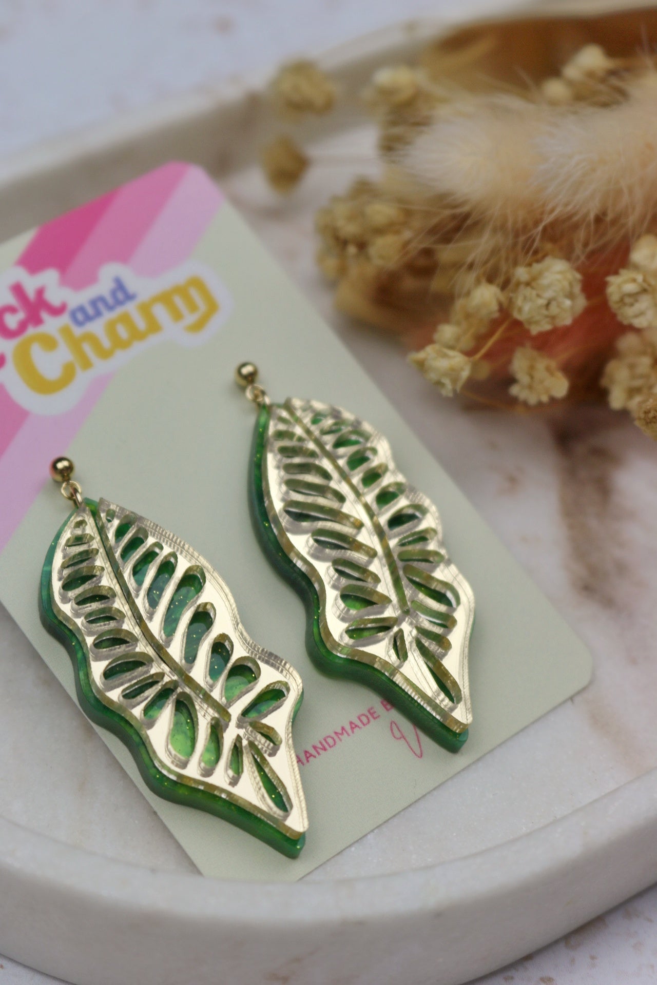Statement Marbled Green and Gold Jungle Leaf Acrylic Earrings