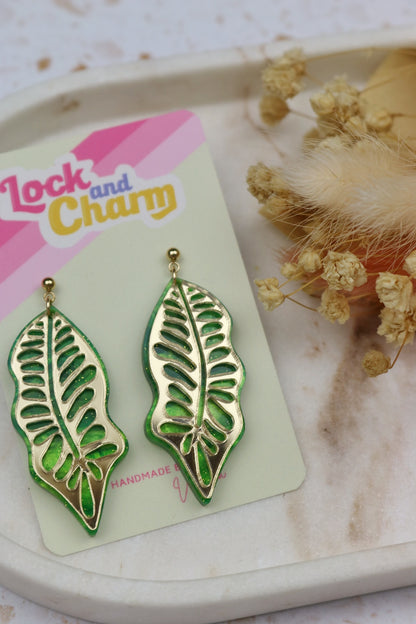 Statement Marbled Green and Gold Jungle Leaf Acrylic Earrings