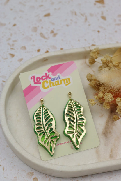 Statement Marbled Green and Gold Jungle Leaf Acrylic Earrings