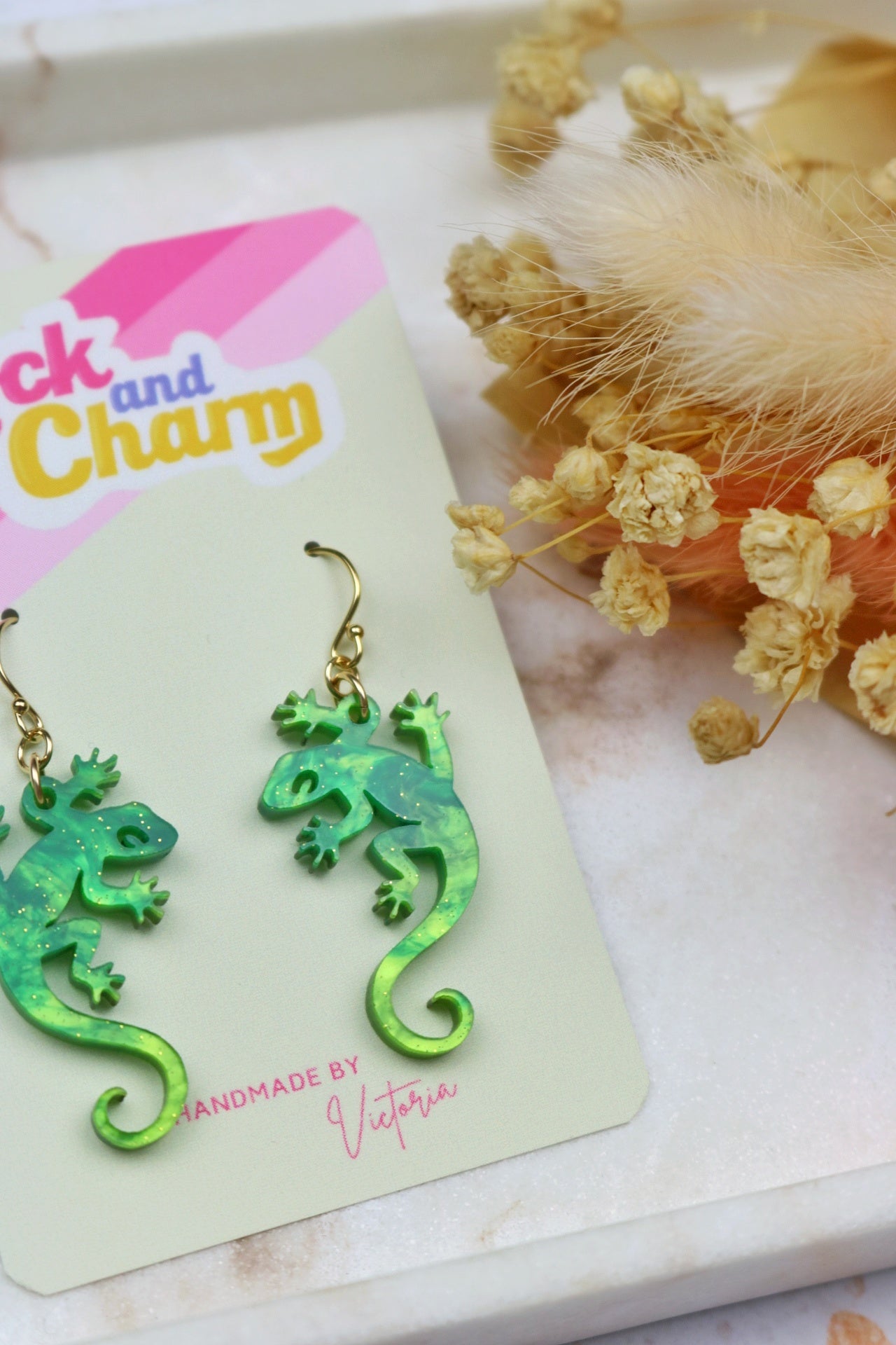 Marbled Green Acrylic Lizard Earrings