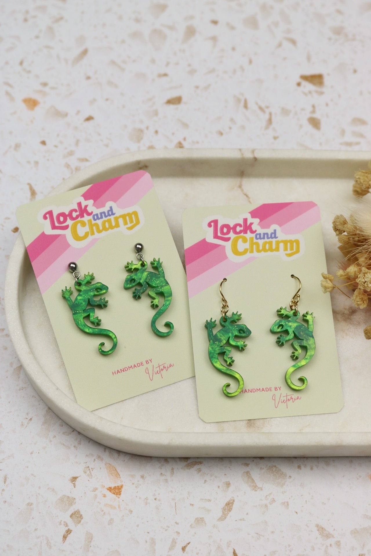 Marbled Green Acrylic Lizard Earrings
