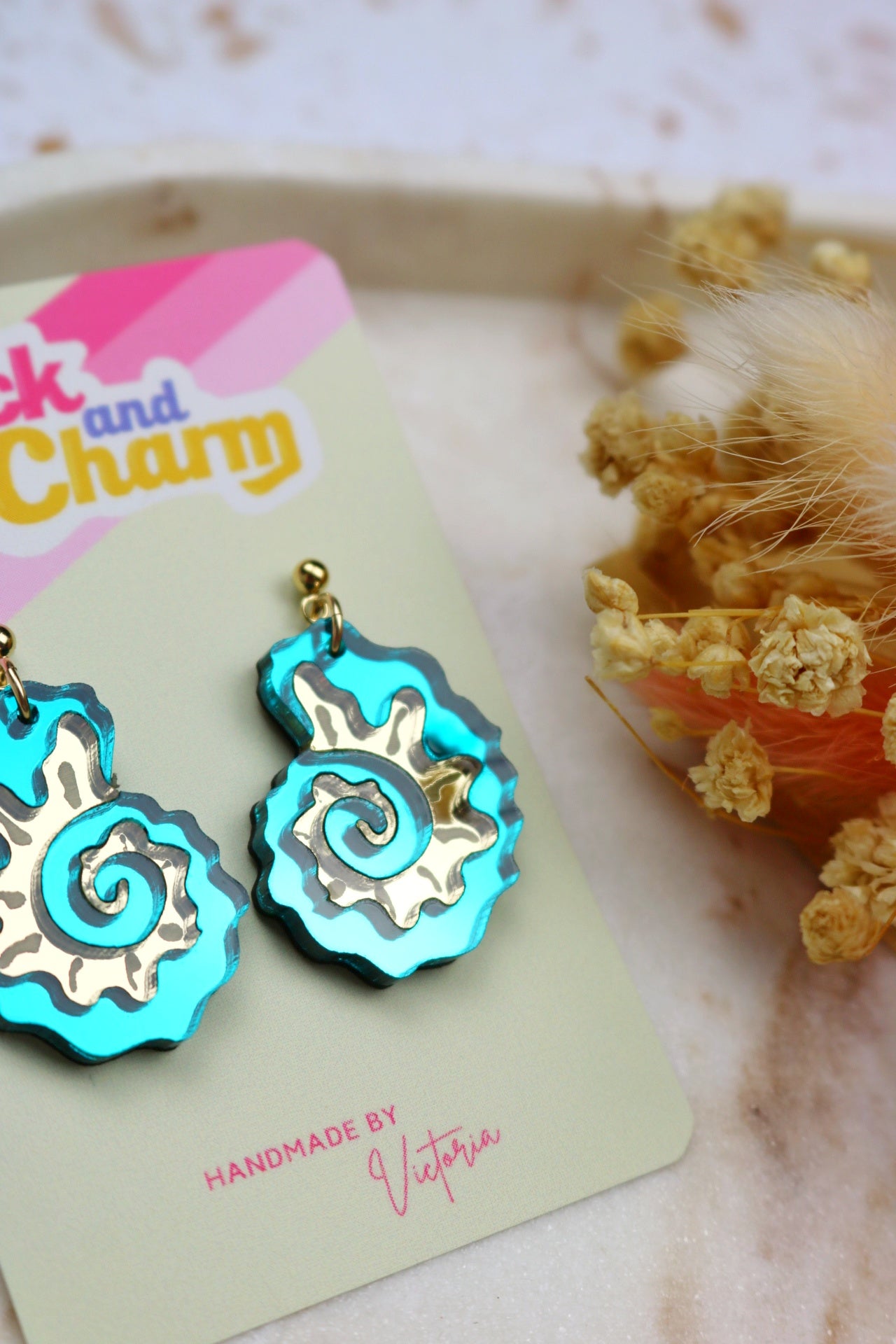 Teal and Gold Mirrored Acrylic Fossil Shell Earrings