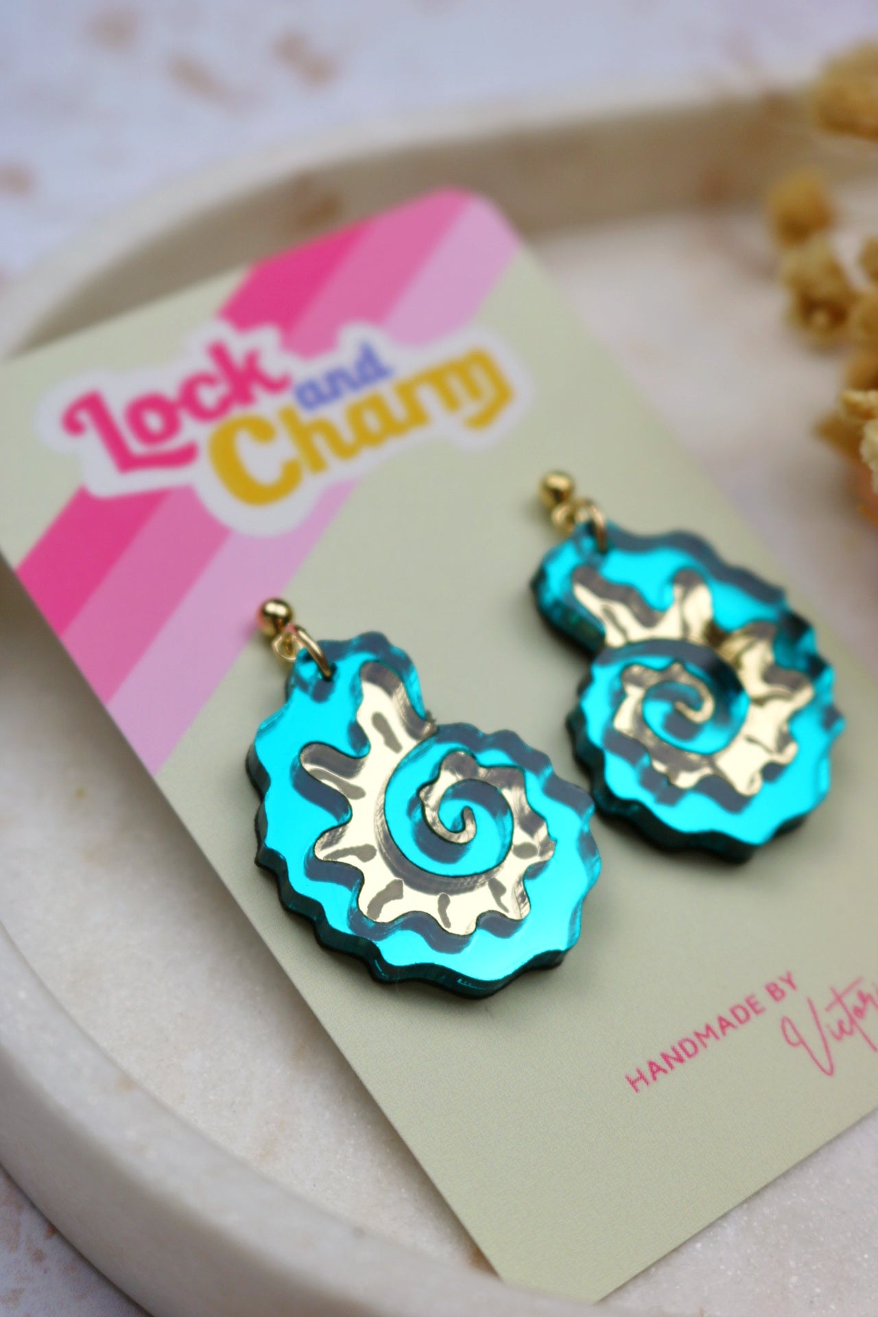 Teal and Gold Mirrored Acrylic Fossil Shell Earrings