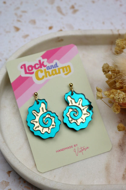 Teal and Gold Mirrored Acrylic Fossil Shell Earrings