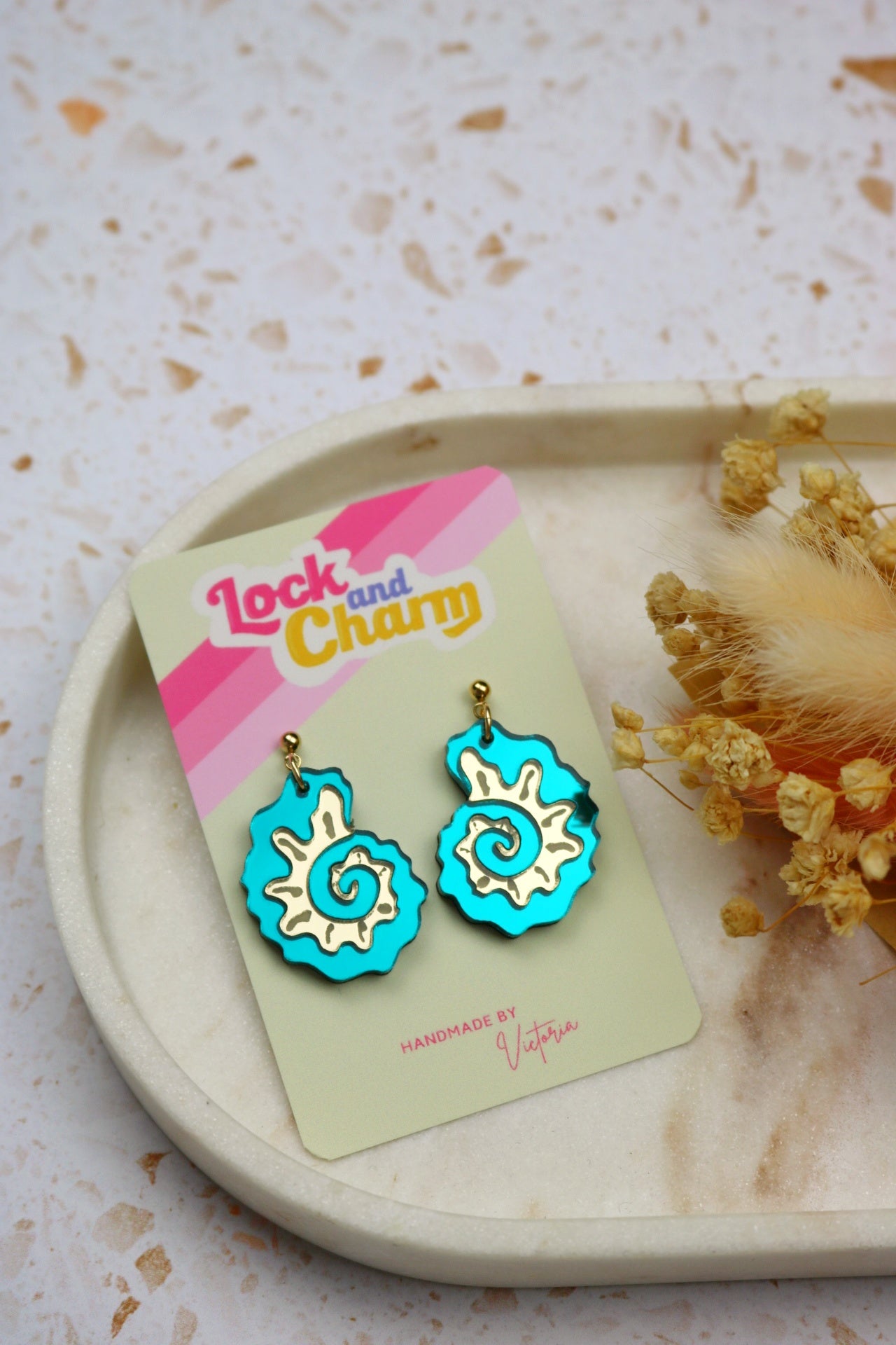 Teal and Gold Mirrored Acrylic Fossil Shell Earrings