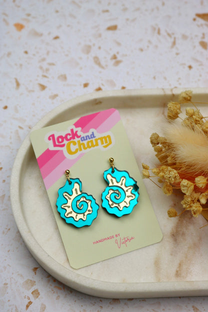 Teal and Gold Mirrored Acrylic Fossil Shell Earrings