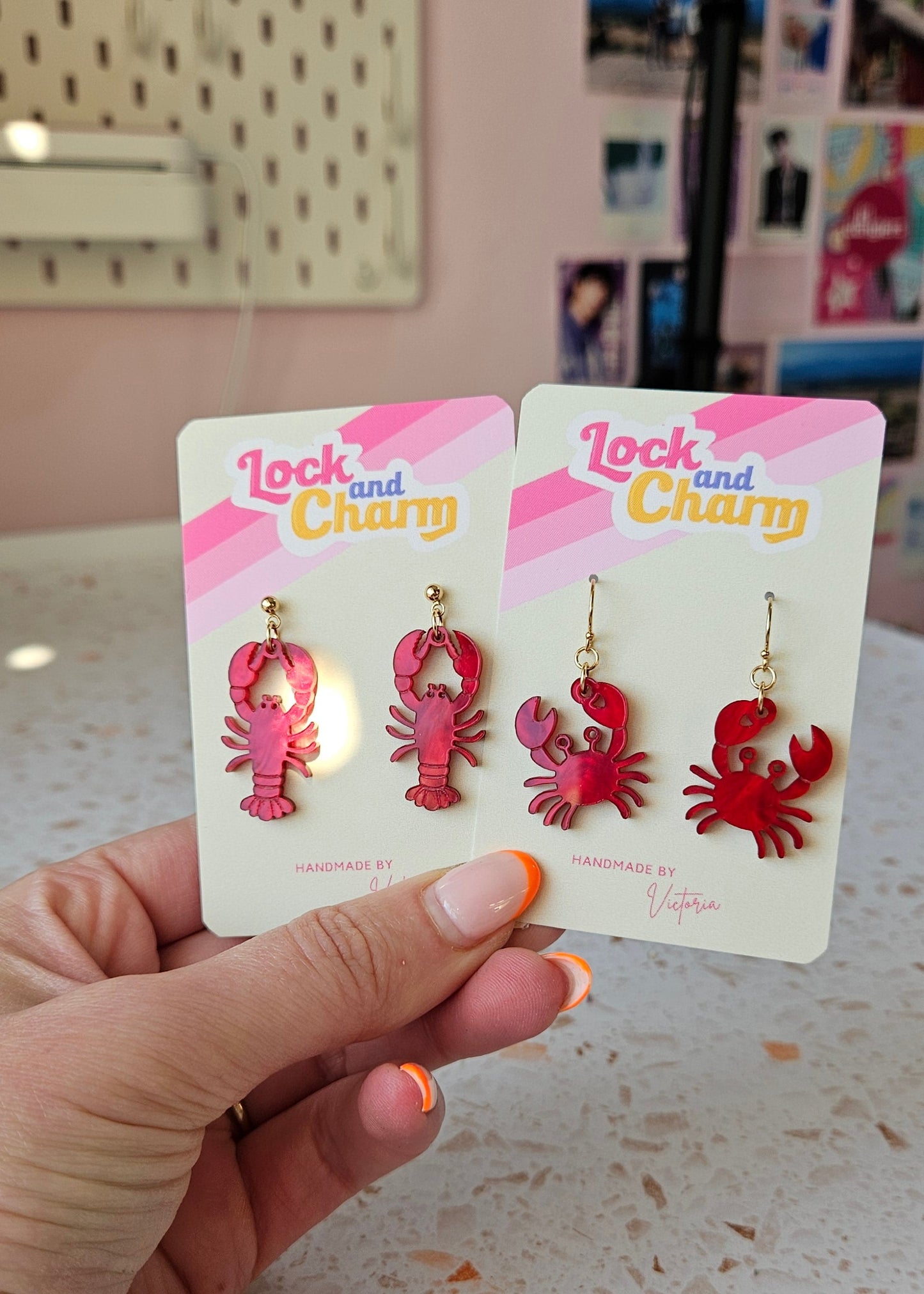 Marbled Red Lobster and Crab Acrylic Earrings