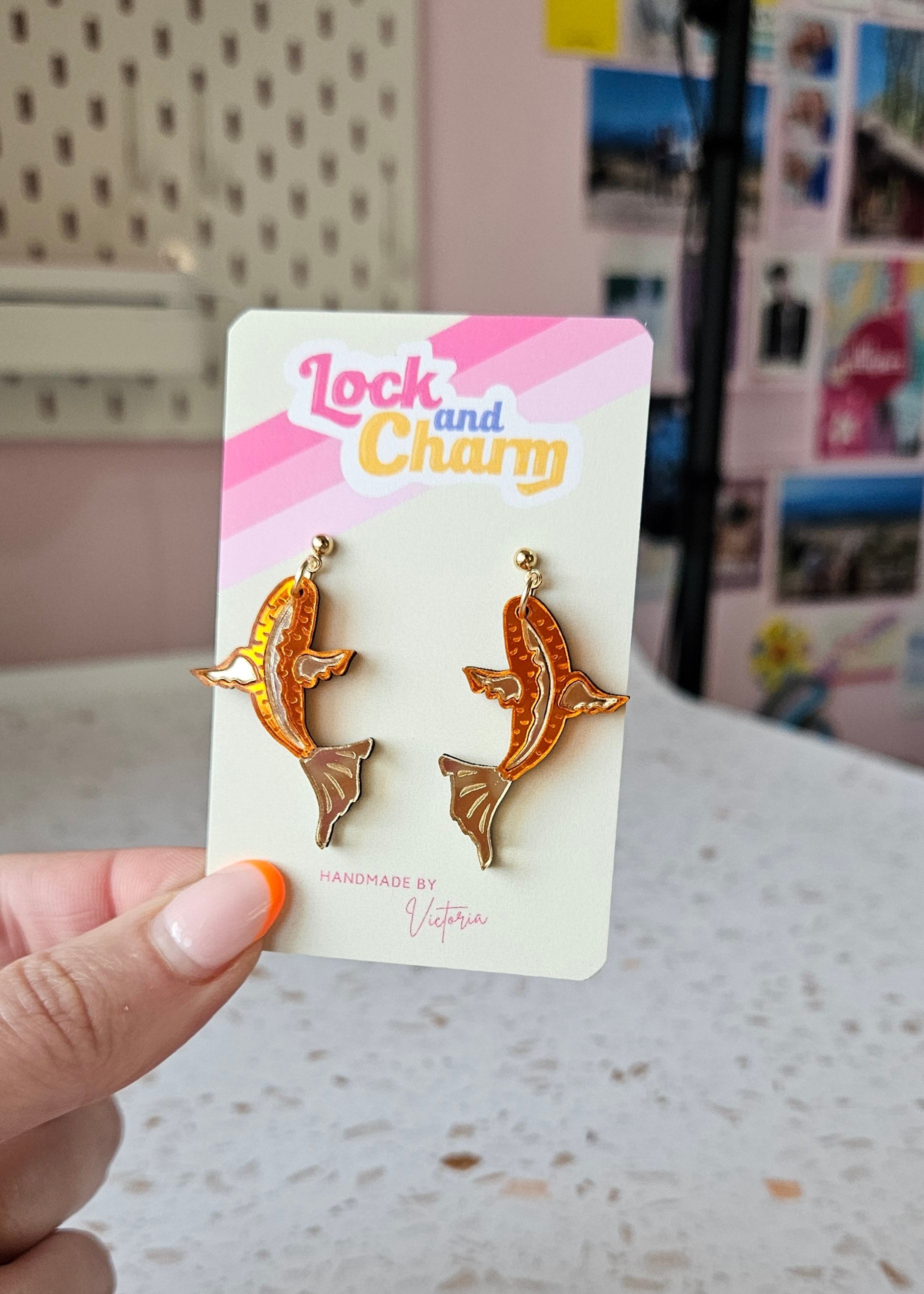 Orange and Gold Mirrored Acrylic Koi Fish Earrings