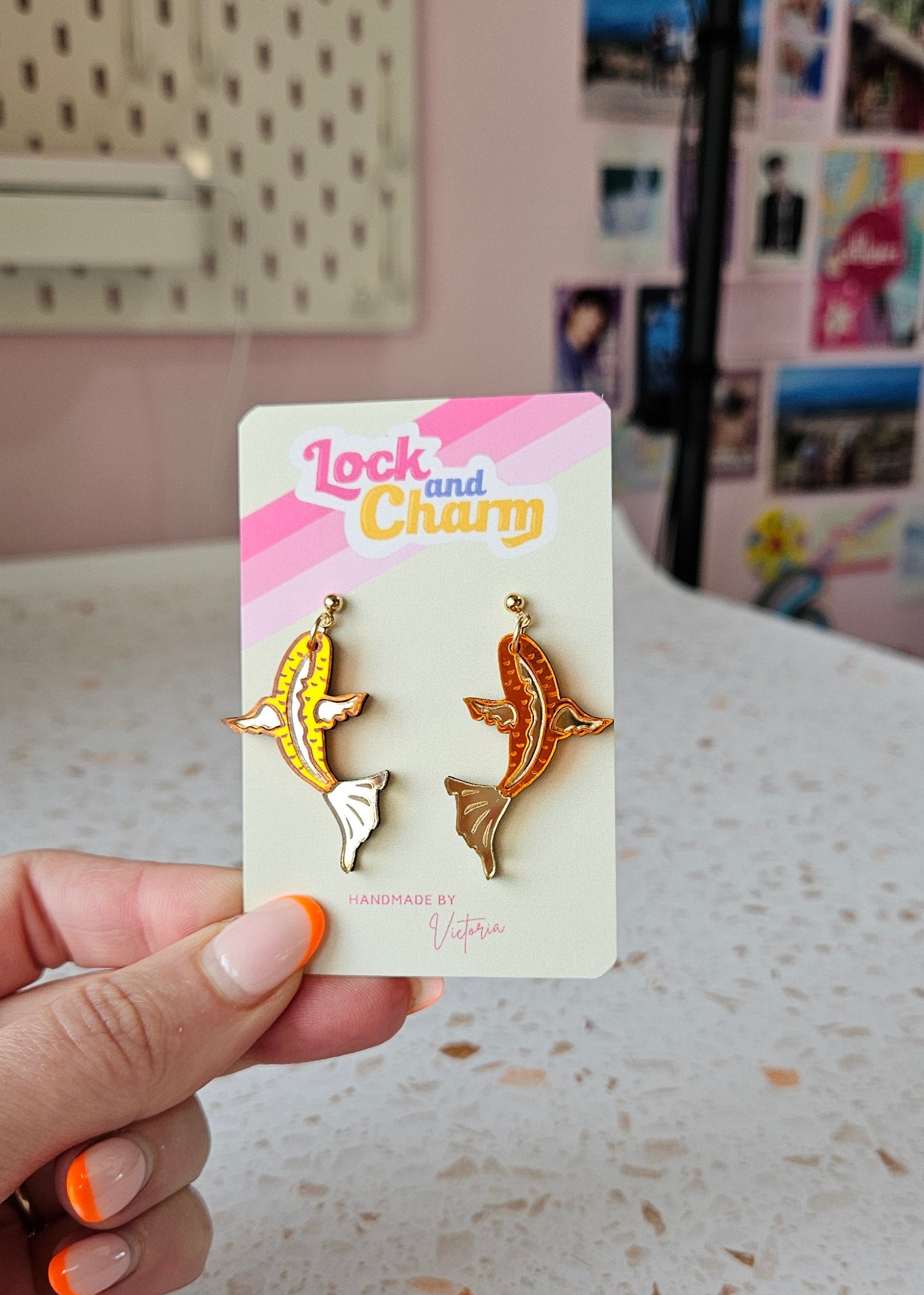 Orange and Gold Mirrored Acrylic Koi Fish Earrings