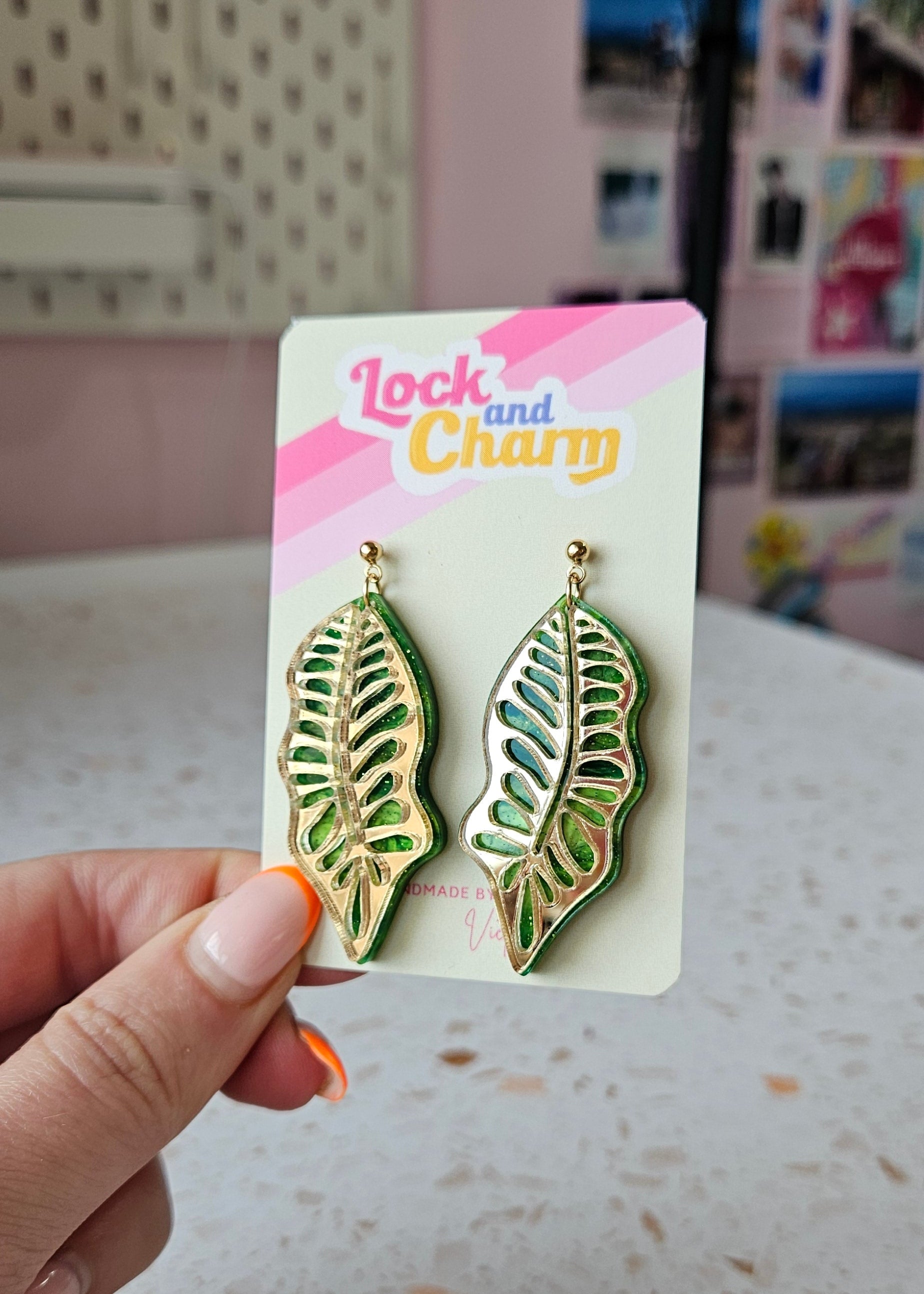 Statement Marbled Green and Gold Jungle Leaf Acrylic Earrings
