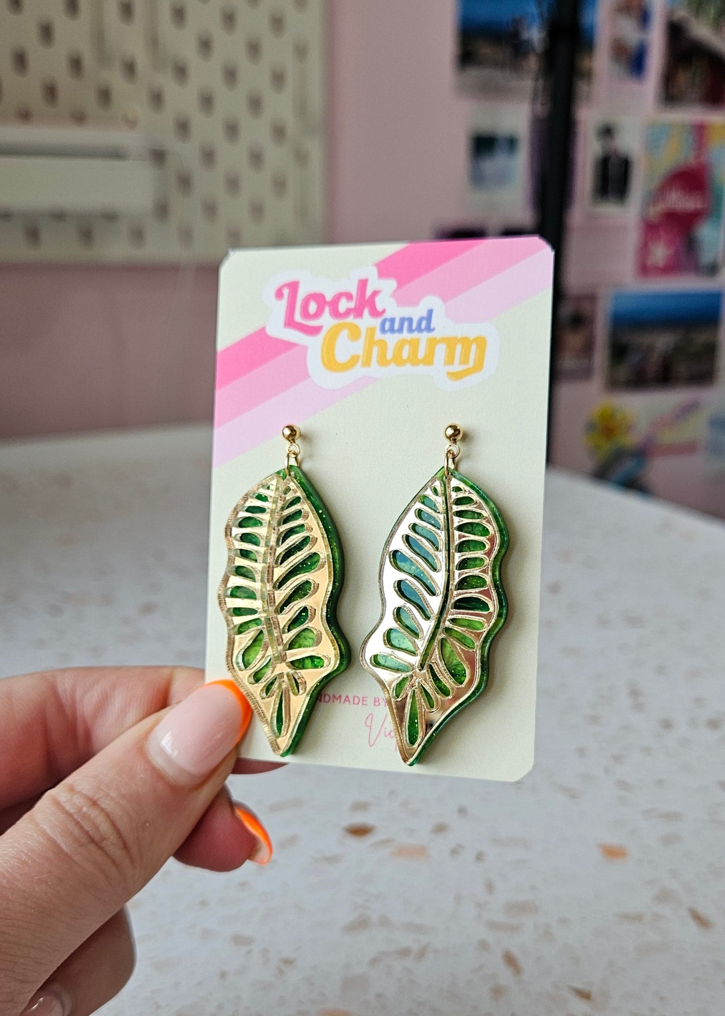 Statement Marbled Green and Gold Jungle Leaf Acrylic Earrings