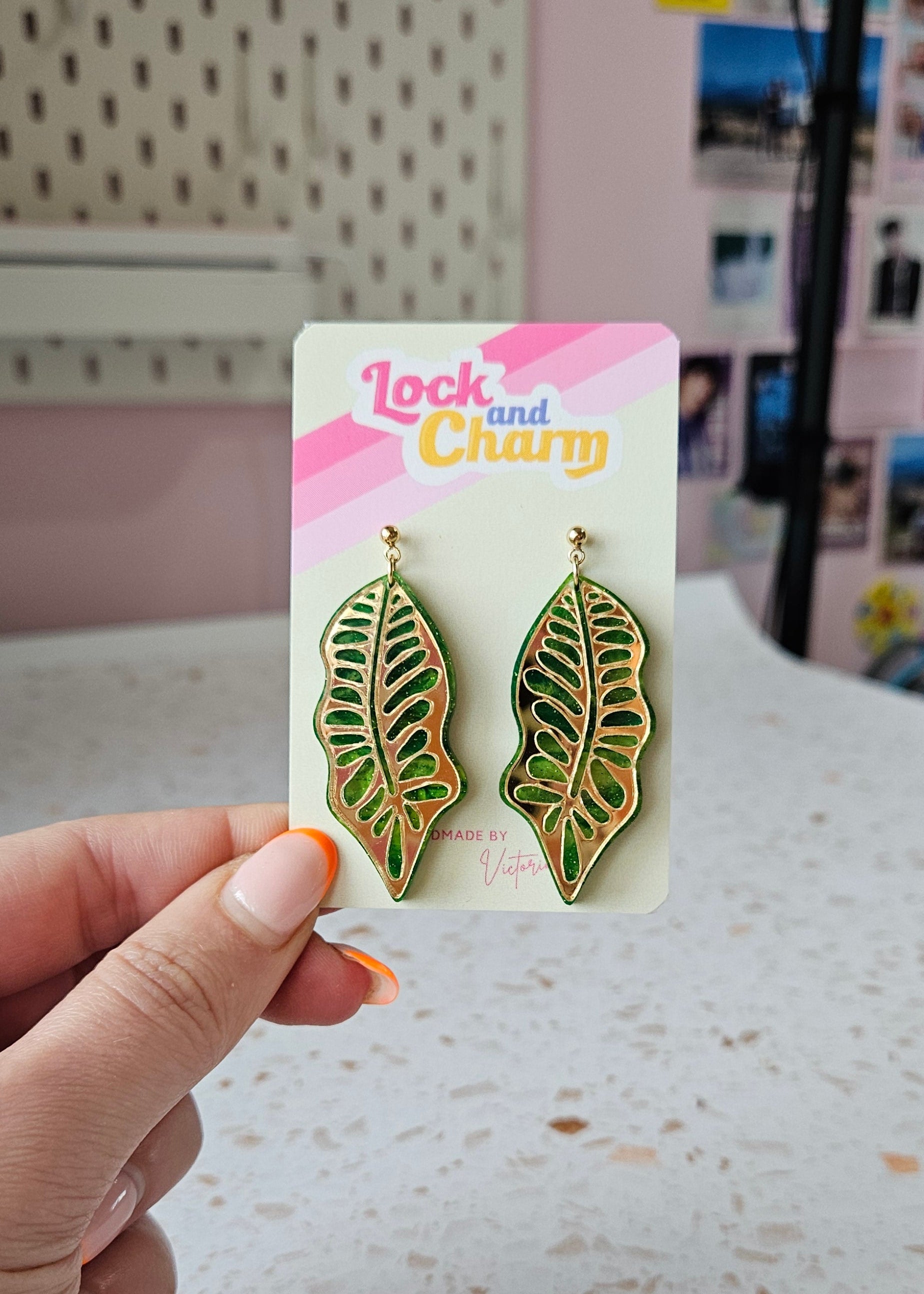 Statement Marbled Green and Gold Jungle Leaf Acrylic Earrings