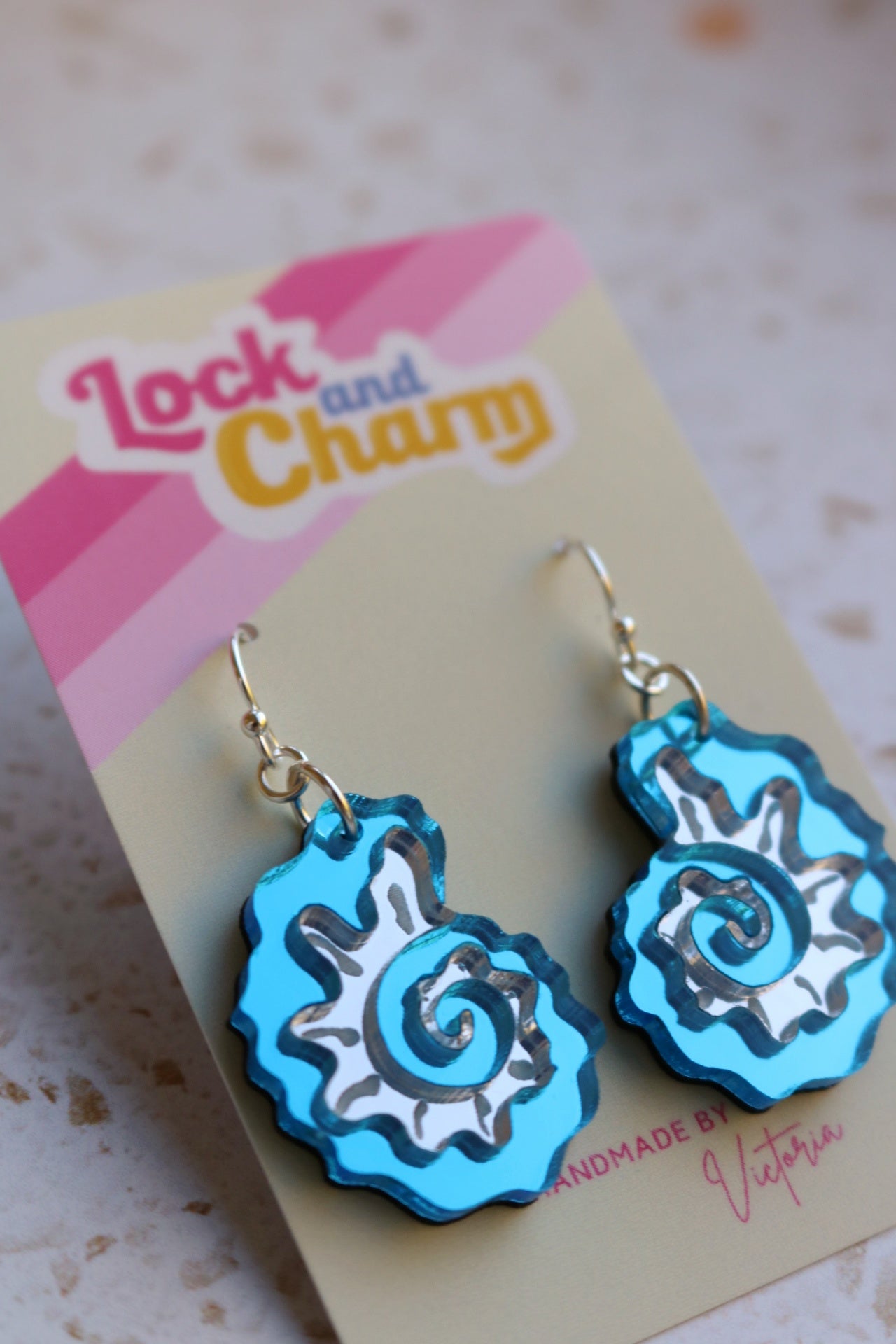 Blue and Silver Mirrored Acrylic Fossil Shell Earrings