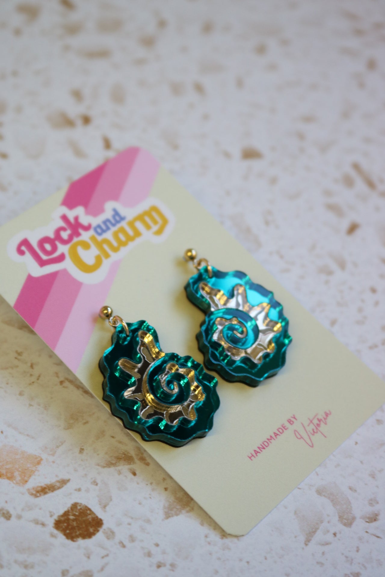 Teal and Gold Mirrored Acrylic Fossil Shell Earrings