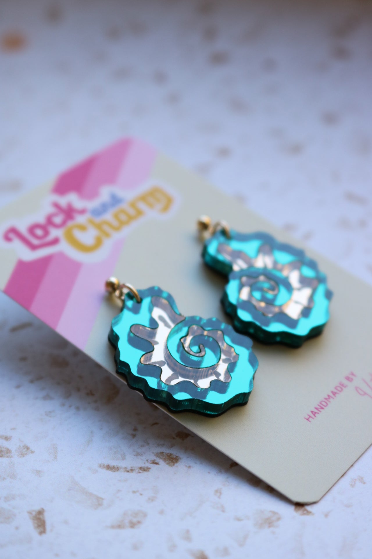 Teal and Gold Mirrored Acrylic Fossil Shell Earrings