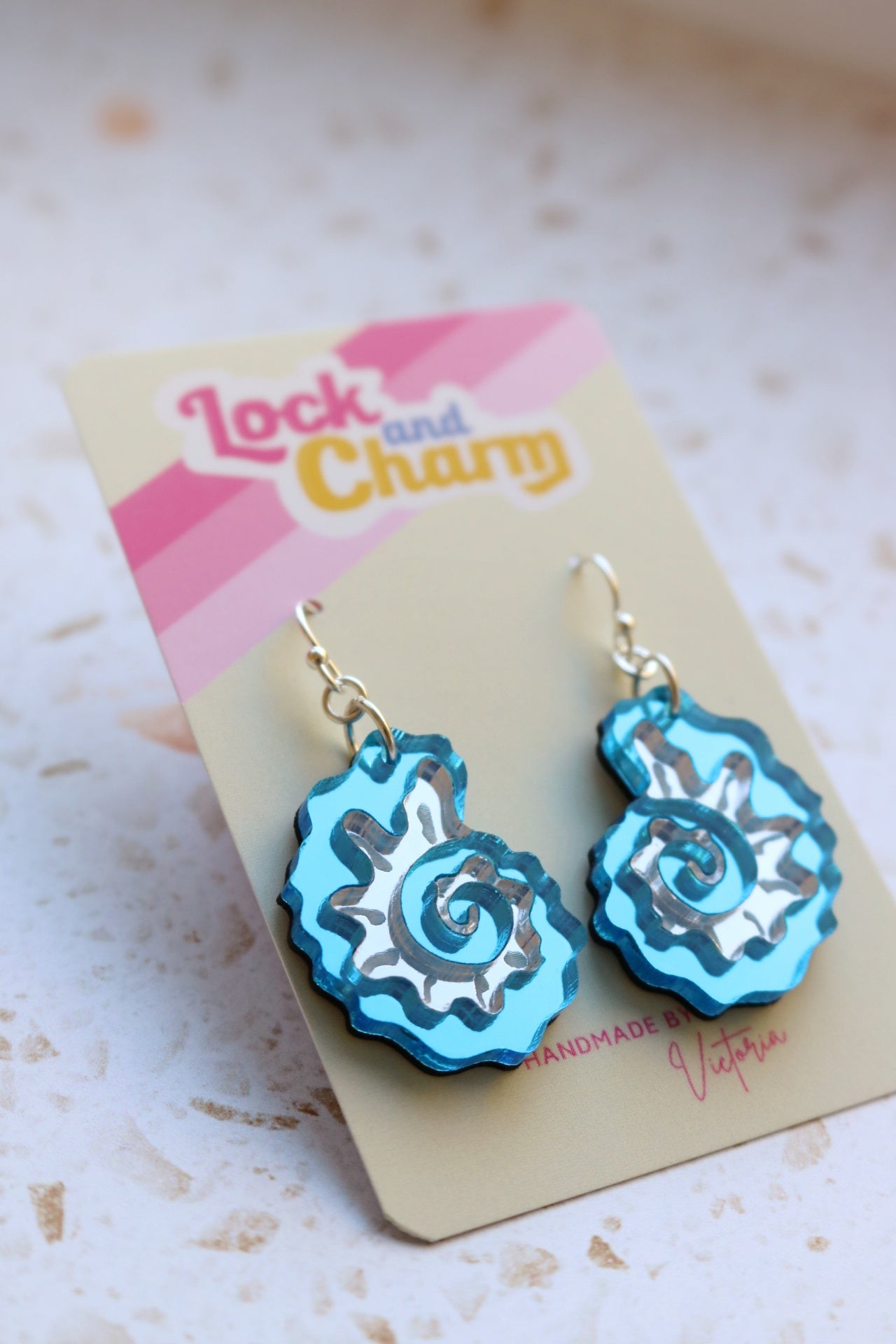 Blue and Silver Mirrored Acrylic Fossil Shell Earrings