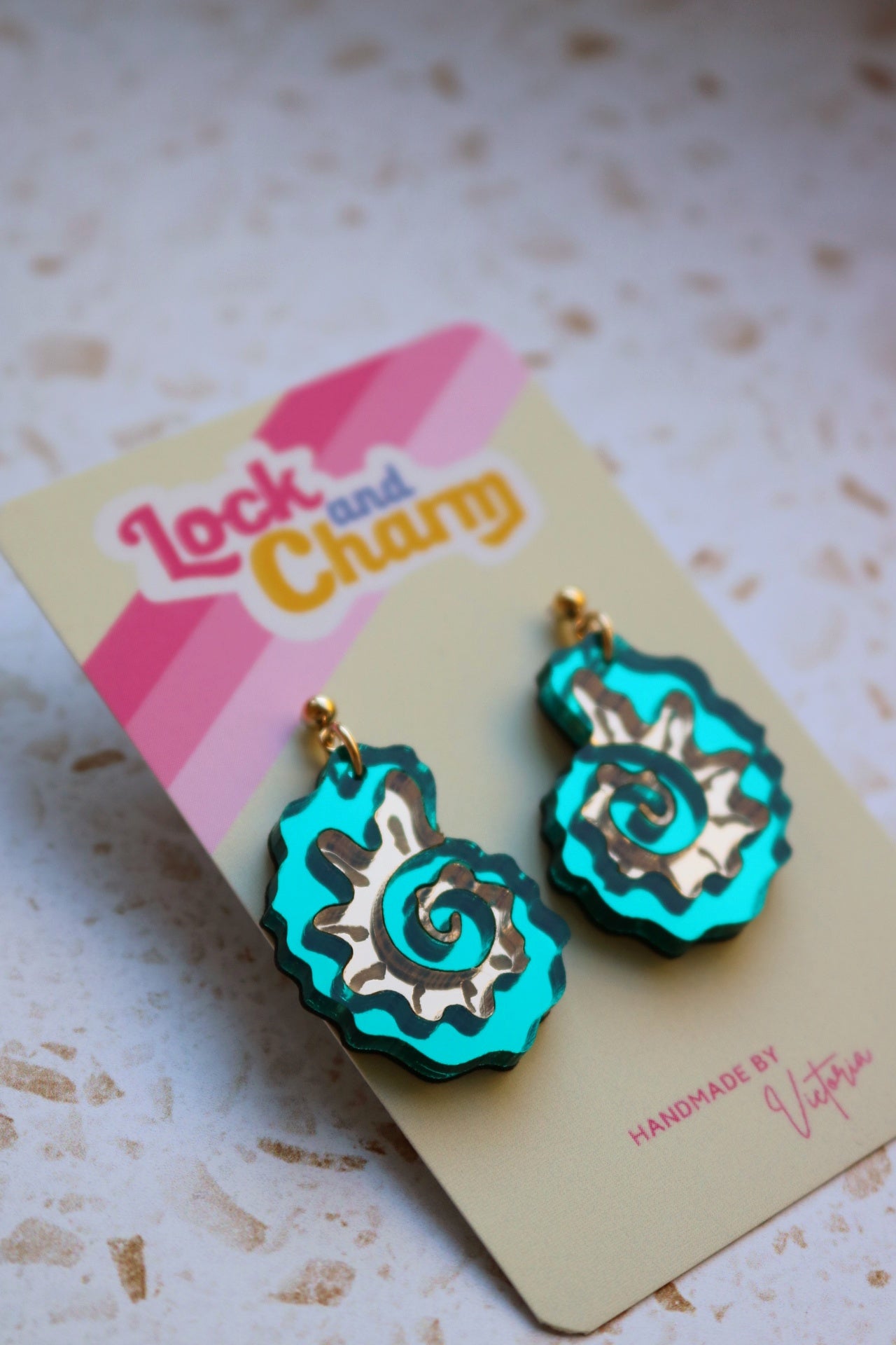 Teal and Gold Mirrored Acrylic Fossil Shell Earrings