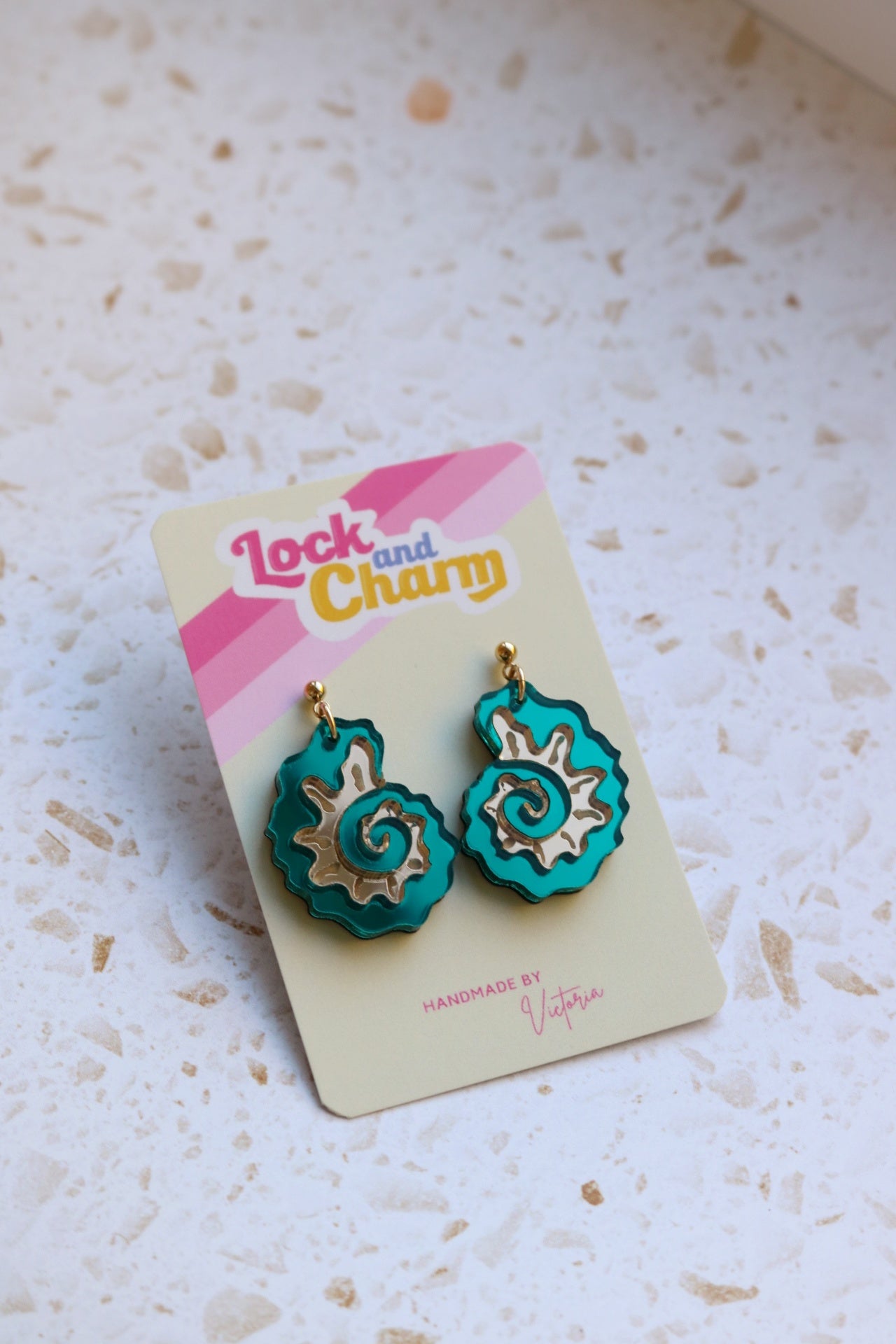Teal and Gold Mirrored Acrylic Fossil Shell Earrings