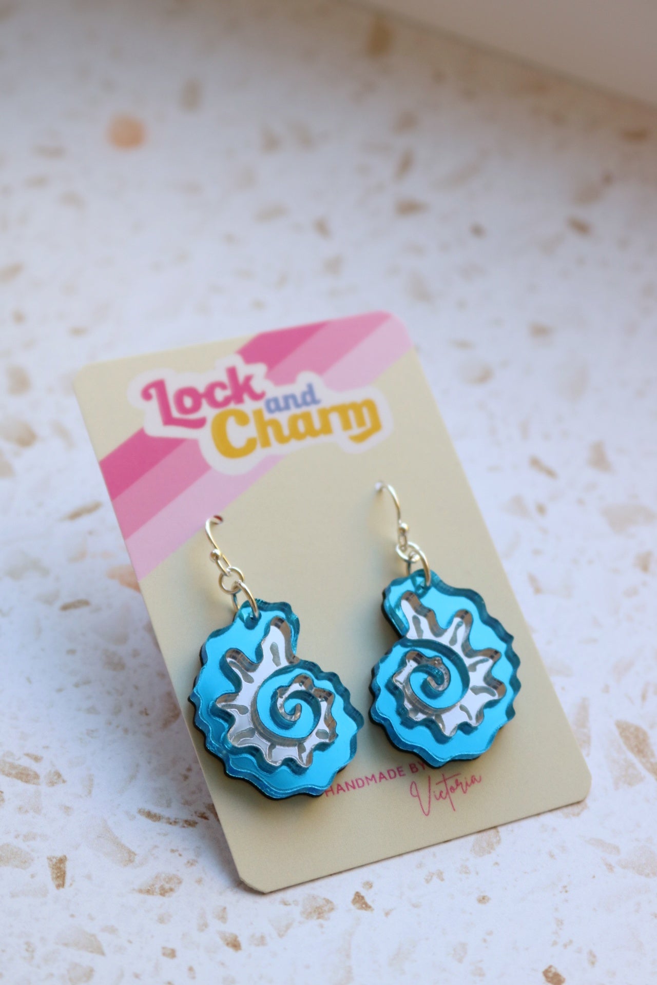 Blue and Silver Mirrored Acrylic Fossil Shell Earrings