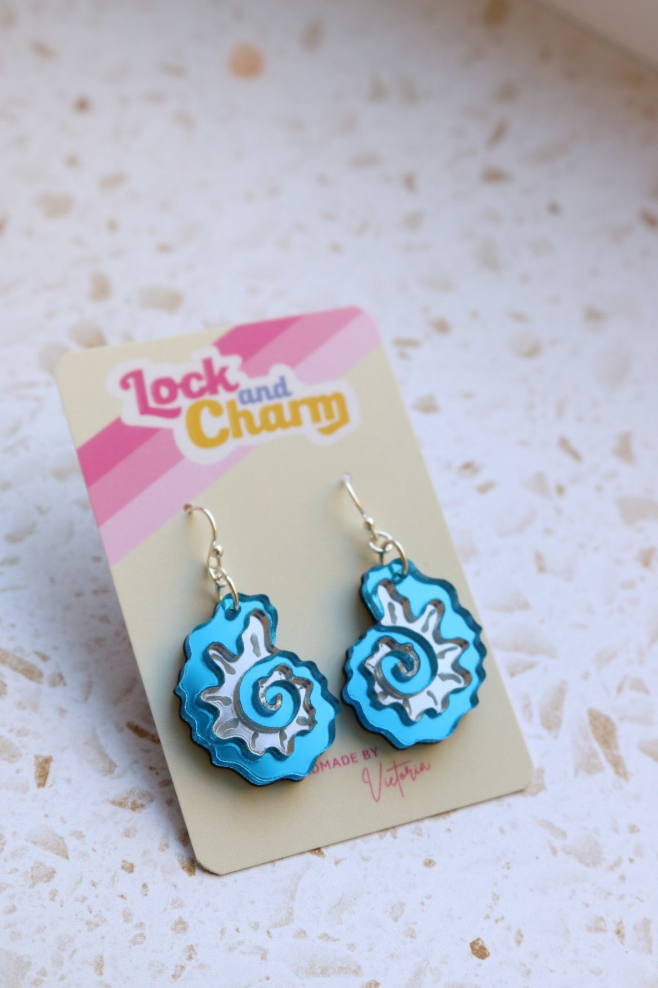 Blue and Silver Mirrored Acrylic Fossil Shell Earrings